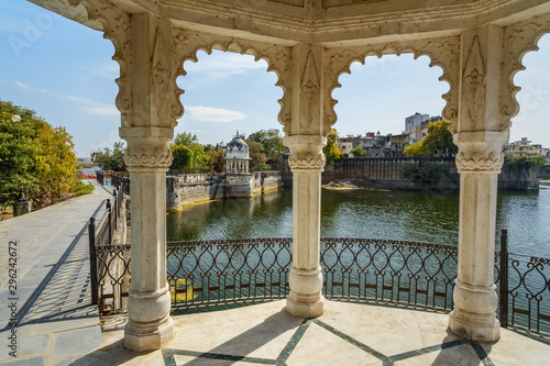 Walking Track park on Swaroop Sagar Lake is artificially created lake. Udaipur. India