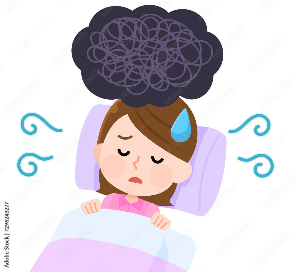 Obraz premium 不眠症 眠れなくて困る女性05 もやもや イラスト