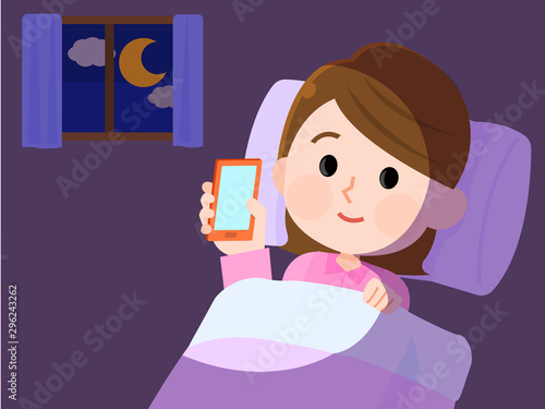 スマホを見て眠れない　夜更かし　女性　イラスト