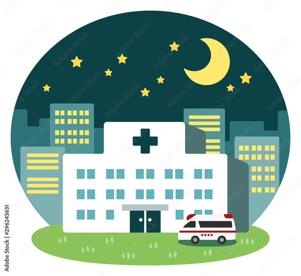 Hospital in city of night Simple illust