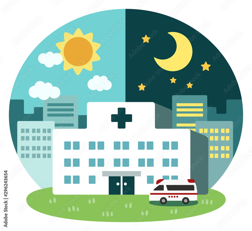 Hospital in city of noon and night Simple illust