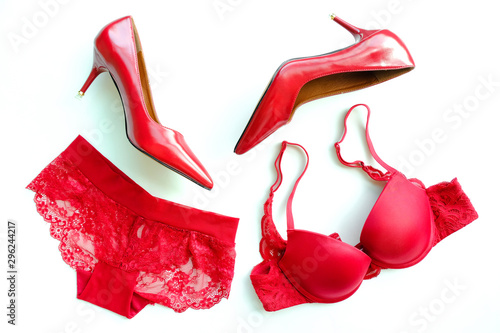 Modern stylish fashion accessories women's Luxury dresses Red bra and red high heels Beautiful woman's dress