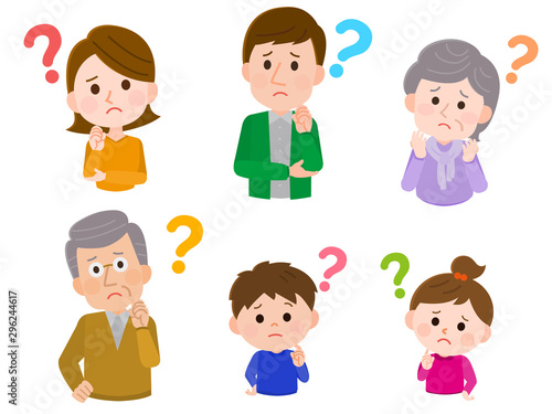 疑問を持つ三世代家族　上半身　イラスト