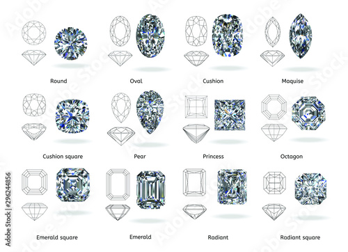 A set of twelve sparkling water diamonds with out line shape of various shapes and designs with their name, Background top view Stock Illustration-3D rendering photo