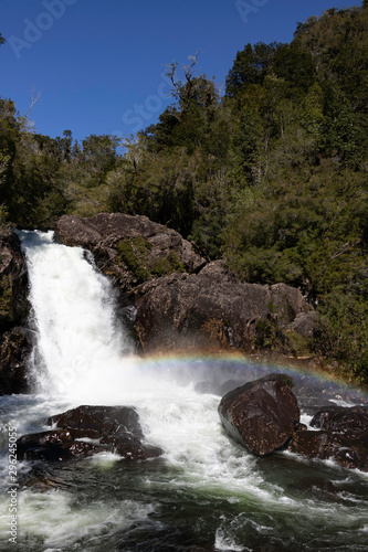 waterfall in the forest, Chaicas River Falls, Alerce Andino National Park, River Falls, Waterfall with rainbow photo