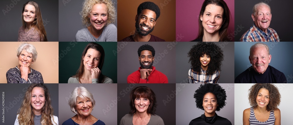 Group of 11 different people in front of a colored background - obrazy, fototapety, plakaty 
