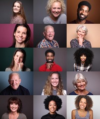 Group of 11 different people in front of a colored background