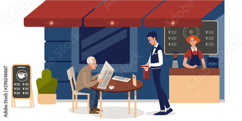 Sidewalk Cafe. Senior man reading newspaper in outdoors cafe. Colorful flat cartoon style isolated vector illustration