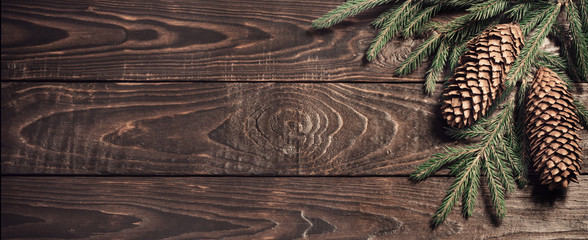 fir branches and cone on dark old wooden background