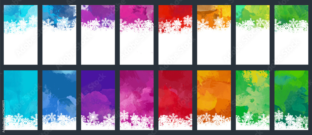Christmas and New Year colorful watercolor background set with snowflakes - obrazy, fototapety, plakaty 