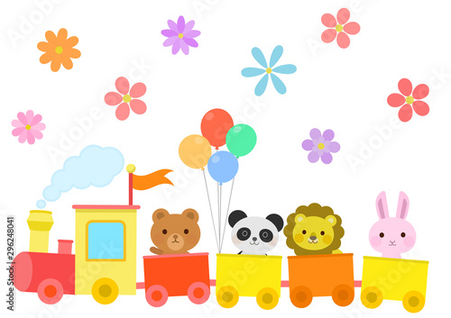 汽車に乗る動物　花　かわいい　子供向け　イラスト
