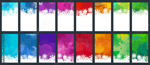 Christmas and New Year colorful watercolor background set with snowflakes