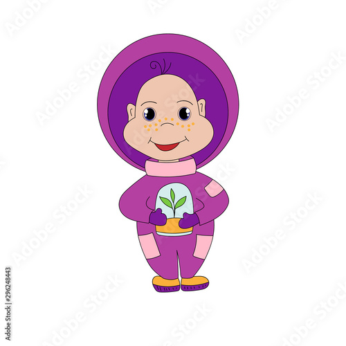 A little boy in a spaceman's suit holds a handful of earth with a green sprout in his hands.