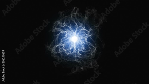 Blue glowing Abstract energy ball with fire on black background.