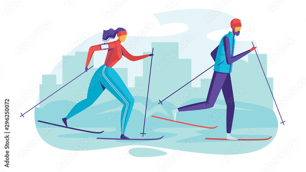 Color vector illustration people in the park are skiing. Flat style poster of seasonal family vacation. A guy and a girl go in for sports outdoors. Winter activities for men and women