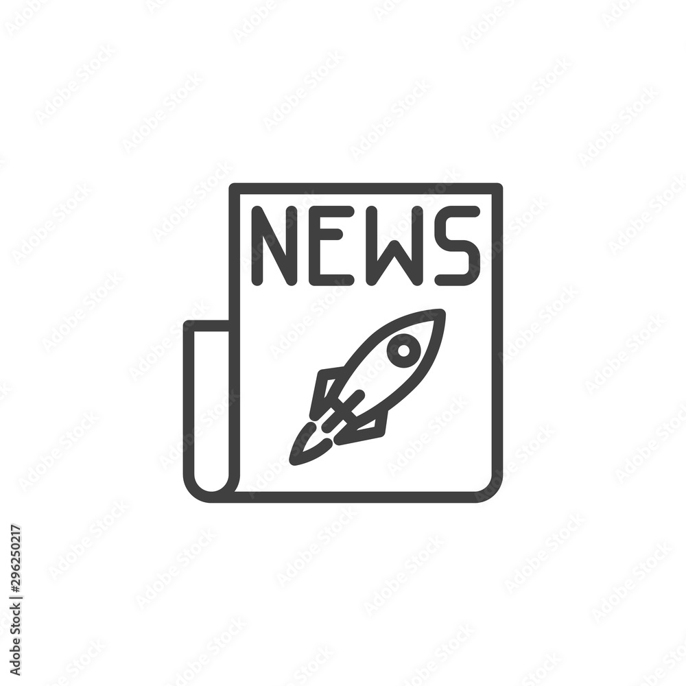 Spaceship rocket news line icon. linear style sign for mobile concept and web design. Newspaper with rocket outline vector icon. Symbol, logo illustration. Vector graphics Spaceship rocket news line icon. linear style sign for mobile concept and web design. Newspaper with rocket outline vector icon. Symbol, logo illustration. Vector graphics