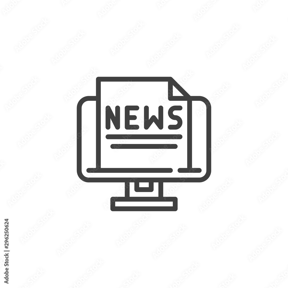 Computer news line icon. linear style sign for mobile concept and web design. Monitor with news document outline vector icon. Symbol, logo illustration. Vector graphics Computer news line icon. linear style sign for mobile concept and web design. Monitor with news document outline vector icon. Symbol, logo illustration. Vector graphics
