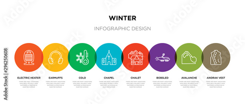8 colorful winter outline icons set such as anorak vest, avalanche, bobsled, chalet, chapel, cold, earmuffs, electric heater