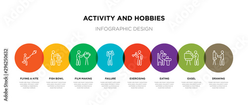 8 colorful activity and hobbies outline icons set such as drawing, easel, eating, exercising, failure, film making, fish bowl, flying a kite
