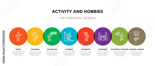8 colorful activity and hobbies outline icons set such as bungee jumping, butterfly catcher, checkers, cigarette, climbing, collecting, coloring, comic