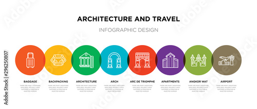 8 colorful architecture and travel outline icons set such as airport, angkor wat, apartments, arc de triomphe, arch, architecture, backpacking, baggage
