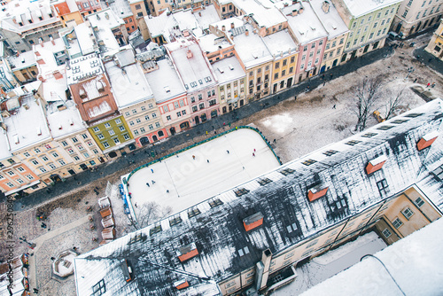 LVIV, UKRAINE - January 21, 2018: overhead view of ski rink in the center of market square in lviv city
