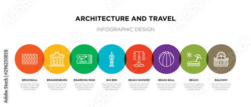8 colorful architecture and travel outline icons set such as balcony, beach, beach ball, beach shower, big ben, boarding pass, brandenburg, brickwall