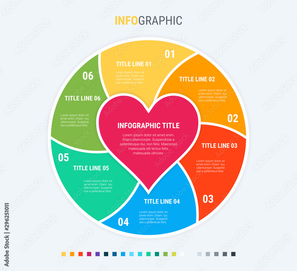 Colorful diagram, infographic template. Love infographic template with 6 steps. Heart workflow process for valentines. Vector design.