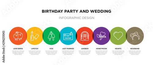8 colorful birthday party and wedding outline icons set such as headband, hearts, honeymoon, jukebox, just married, kiss, lipstick, love birds