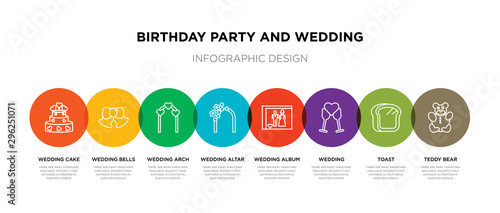 8 colorful birthday party and wedding outline icons set such as teddy bear, toast, wedding, wedding album, altar, arch, bells, cake