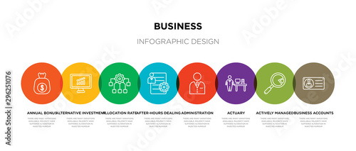 8 colorful business outline icons set such as business accounts, actively managed funds, actuary, administration, after-hours dealing, allocation rate, alternative investment market, annual bonus