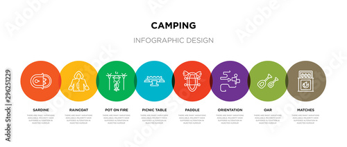 8 colorful camping outline icons set such as matches, oar, orientation, paddle, picnic table, pot on fire, raincoat, sardine