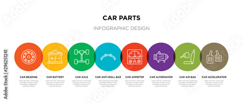 8 colorful car parts outline icons set such as car accelerator, car air bag, alternator, ammeter, anti-roll bar, axle, battery, bearing