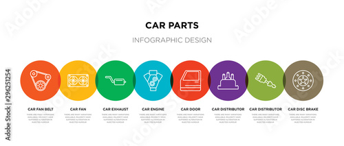 8 colorful car parts outline icons set such as car disc brake, car distributor, distributor cap, door, engine, exhaust, fan, fan belt