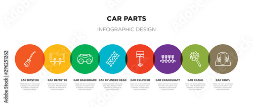 8 colorful car parts outline icons set such as car cowl, car crank, crankshaft, cylinder, cylinder head, dashboard, demister, dipstick