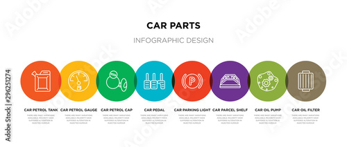 8 colorful car parts outline icons set such as car oil filter, car oil pump, parcel shelf, parking light, pedal, petrol cap, petrol gauge, petrol tank