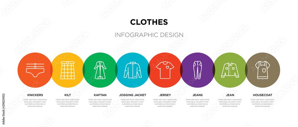 8 colorful clothes outline icons set such as housecoat, jean, jeans, jersey, jogging jacket, kaftan, kilt, knickers 8 colorful clothes outline icons set such as housecoat, jean, jeans, jersey, jogging jacket, kaftan, kilt, knickers