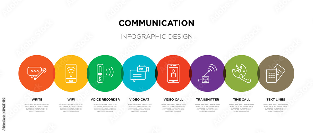 8 colorful communication outline icons set such as text lines, time call, transmitter, video call, video chat, voice recorder, wifi, write 8 colorful communication outline icons set such as text lines, time call, transmitter, video call, video chat, voice recorder, wifi, write