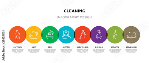 8 colorful cleaning outline icons set such as scrub brush, serviette, shampoo, shower head, slippery, soak, soap, softener