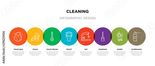 8 colorful cleaning outline icons set such as suspension, sweep, sweeping, tap, toilet, toilet brush, trash, trash bag