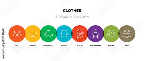8 colorful clothes outline icons set such as bikini, blazer, windbreaker, blouse, bowler, bowler hat, boxers, bra