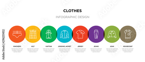 8 colorful clothes outline icons set such as housecoat, jean, jeans, jersey, jogging jacket, kaftan, kilt, knickers