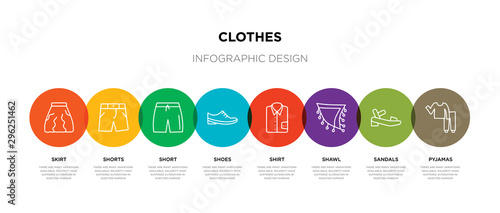 8 colorful clothes outline icons set such as pyjamas, sandals, shawl, shirt, shoes, short, shorts, skirt