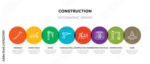 8 colorful construction outline icons set such as cone, construction, construction plan, works, cordless drill, crane, crane truck, crowbar