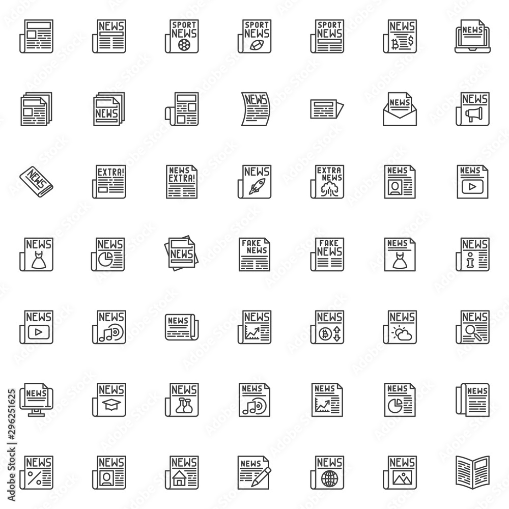 Newspaper news line icons set. linear style symbols collection, outline signs pack. vector graphics. Set includes icons as sport and extra news article headline, financial press, fashion publication Newspaper news line icons set. linear style symbols collection, outline signs pack. vector graphics. Set includes icons as sport and extra news article headline, financial press, fashion publication