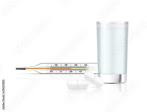 Mock up Realistic Pills Medicine on White Background with Water Glass and Thermometer for fever check. Hospital Tool design Vector Illustration. Tablets Medical and Health Concept.