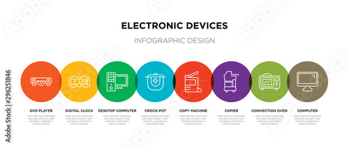 8 colorful electronic devices outline icons set such as computer, convection oven, copier, copy machine, crock-pot, desktop computer, digital clock, dvd player