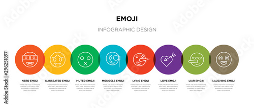 8 colorful emoji outline icons set such as laughing emoji, liar emoji, love lying monocle muted nauseated nerd