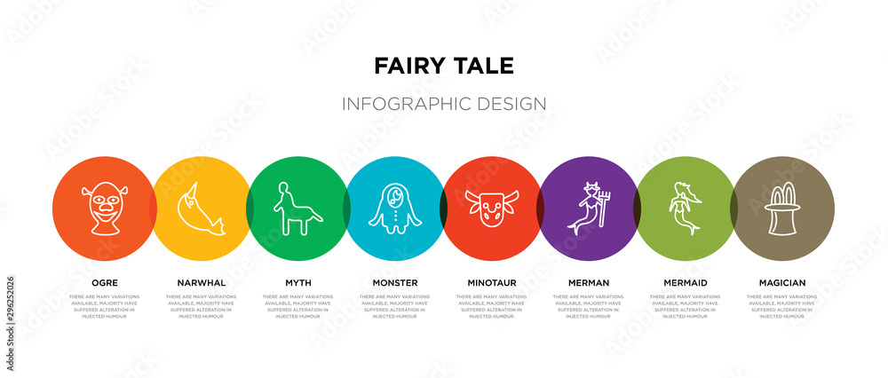 8 colorful fairy tale outline icons set such as magician, mermaid, merman, minotaur, monster, myth, narwhal, ogre - obrazy, fototapety, plakaty 