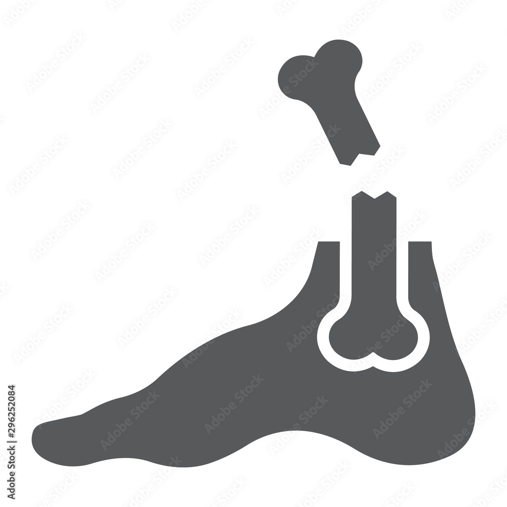 Foot broken glyph icon, medical and healthcare, leg injury sign, vector graphics, a solid pattern on a white background. Foot broken glyph icon, medical and healthcare, leg injury sign, vector graphics, a solid pattern on a white background.